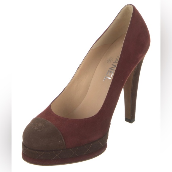 CHANEL Platform Pump Burgundy Brown Toe Cap SHOES Suede Stiletto Heels EU 37.5 - Picture 2 of 5